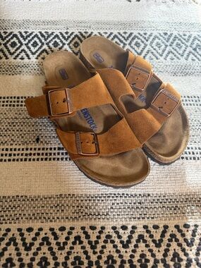 Birkenstock Arizona Suede Double Strap Sandal in Cognac Brown